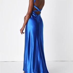 Lulu's Royal Blue Satin Maxi elegant Dress open back with train